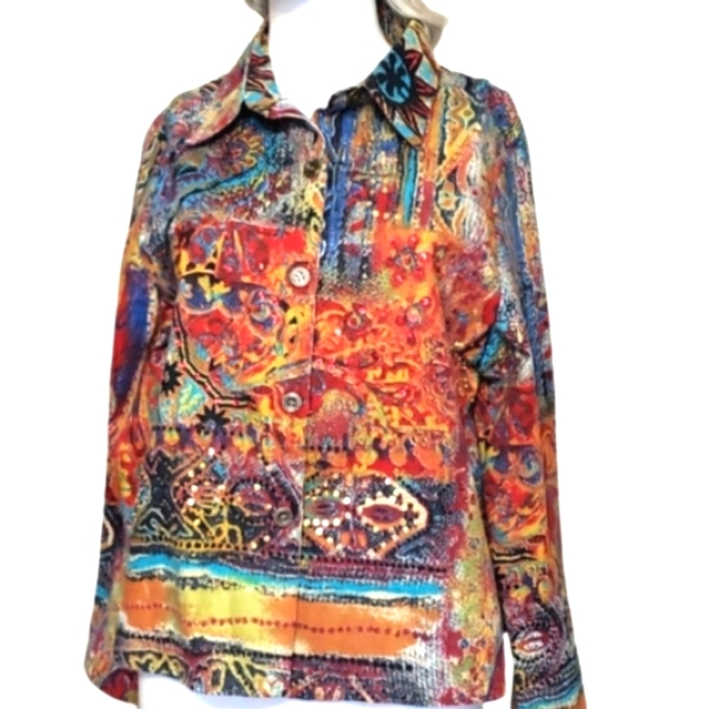 Raakhee Cotton Colorful 100% Button Up Jacket, Colorful Beads & Sequence Sz L.
